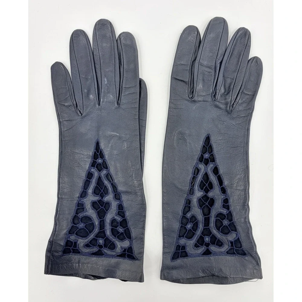 Vintage Navy Blue Leather Driving Gloves Lace Cut Outs